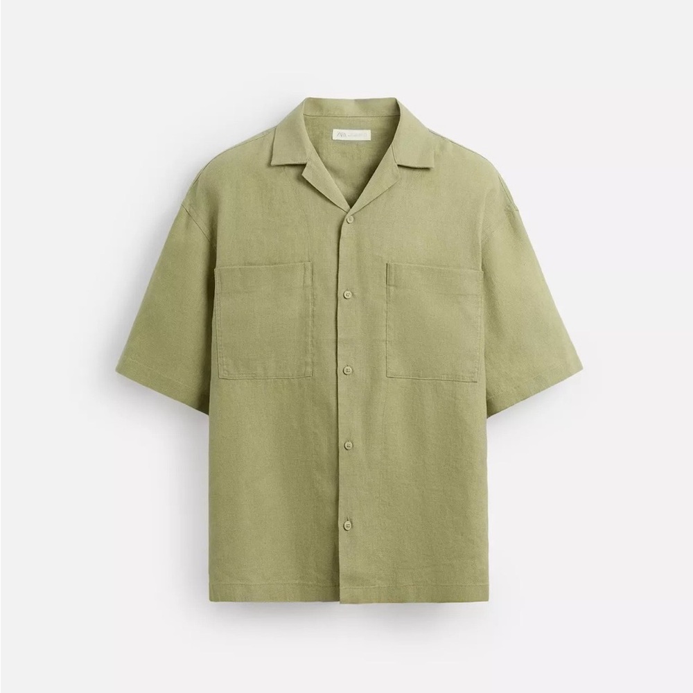 Zara Linen Green Short Sleeve Shirt
